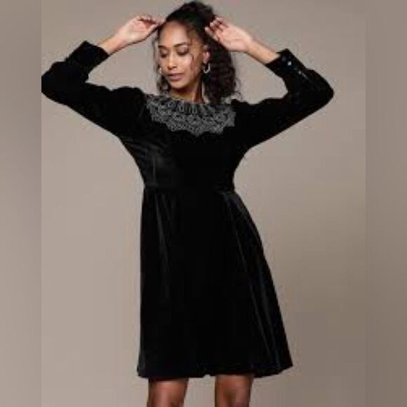 LABEL RITU KUMAR Caroline Flared Dress with Embroidered Yoke in Black M NWT - Picture 2 of 16